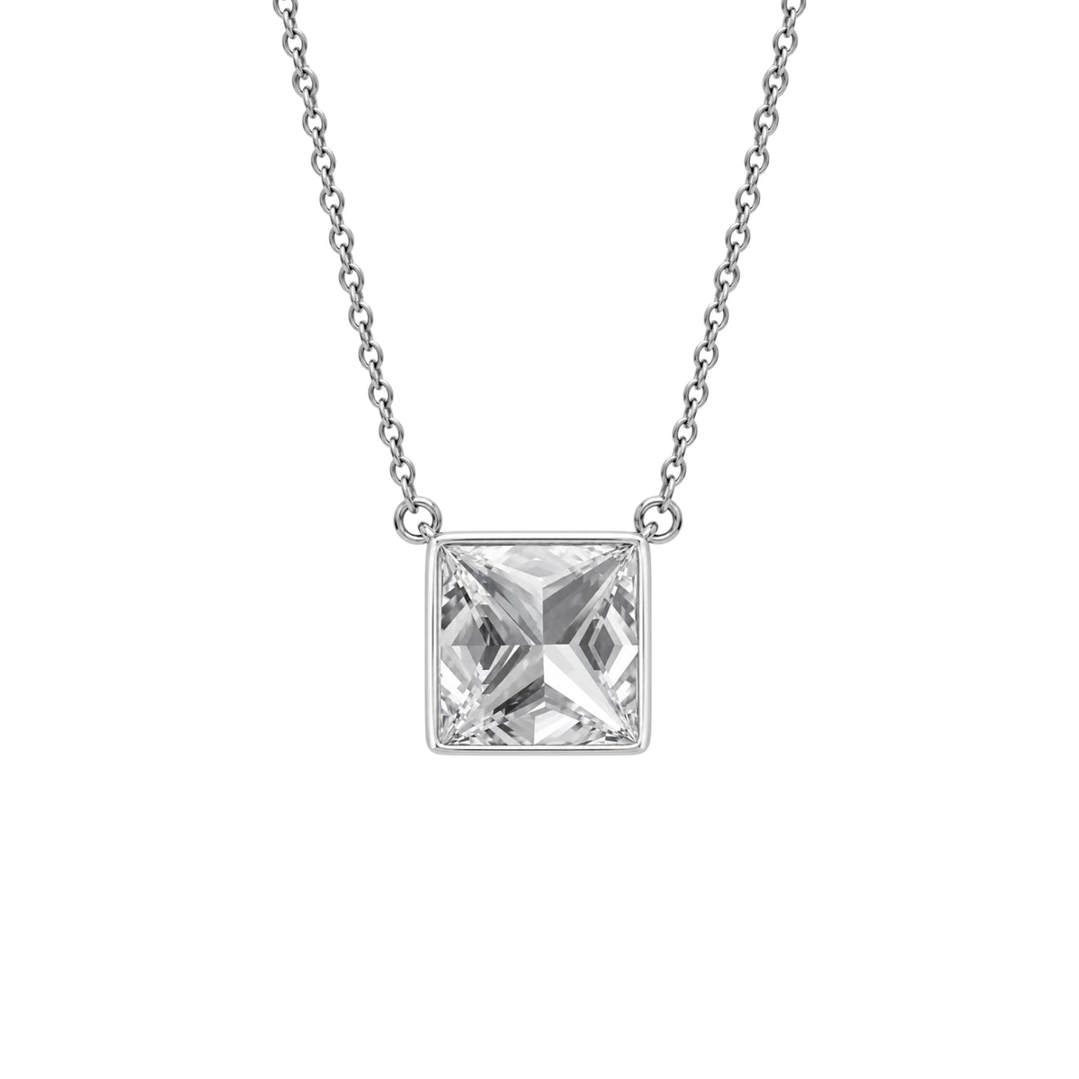 Lab-Grown Diamond Princess Solitaire Bezel Pendant Necklace in 14K White Gold or 14K Yellow Gold