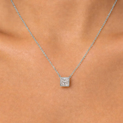 Lab-Grown Diamond Princess Solitaire Bezel Pendant Necklace in 14K White Gold or 14K Yellow Gold