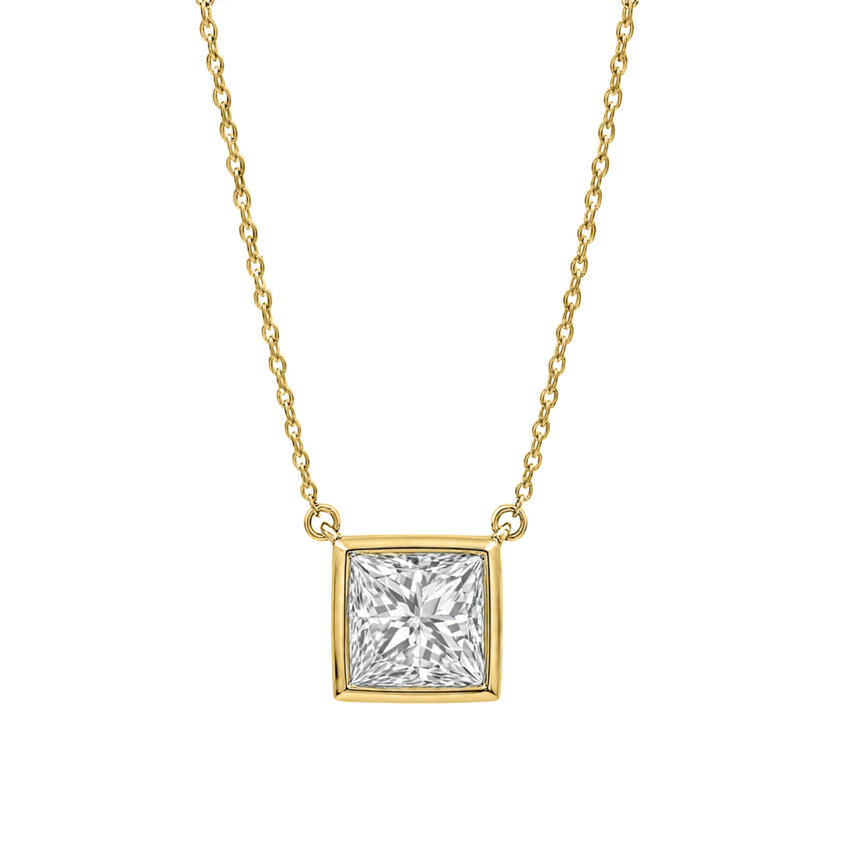 Lab-Grown Diamond Princess Solitaire Bezel Pendant Necklace in 14K White Gold or 14K Yellow Gold