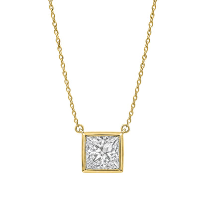 Lab-Grown Diamond Princess Solitaire Bezel Pendant Necklace in 14K White Gold or 14K Yellow Gold