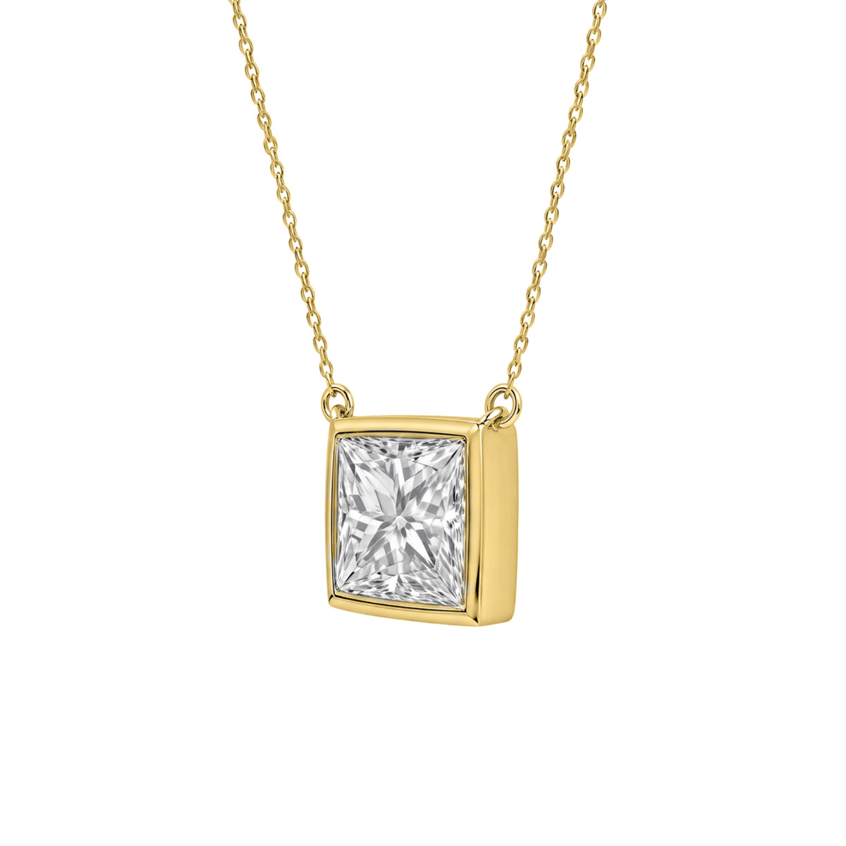 Lab-Grown Diamond Princess Solitaire Bezel Pendant Necklace in 14K White Gold or 14K Yellow Gold