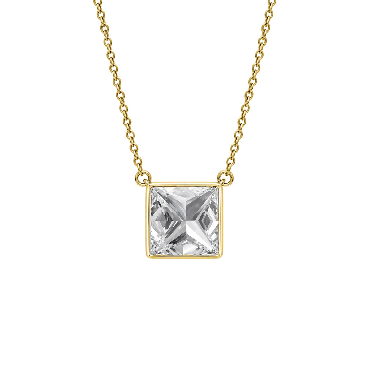 Lab-Grown Diamond Princess Solitaire Bezel Pendant Necklace in 14K White Gold or 14K Yellow Gold
