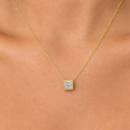 Lab-Grown Diamond Princess Solitaire Bezel Pendant Necklace in 14K White Gold or 14K Yellow Gold