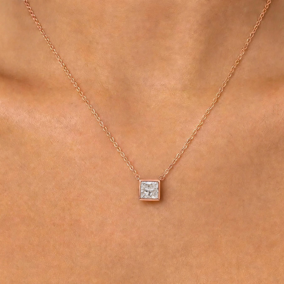 Lab-Grown Diamond Princess Solitaire Bezel Pendant Necklace in 14K White Gold or 14K Yellow Gold