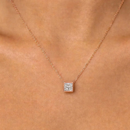 Lab-Grown Diamond Princess Solitaire Bezel Pendant Necklace in 14K White Gold or 14K Yellow Gold