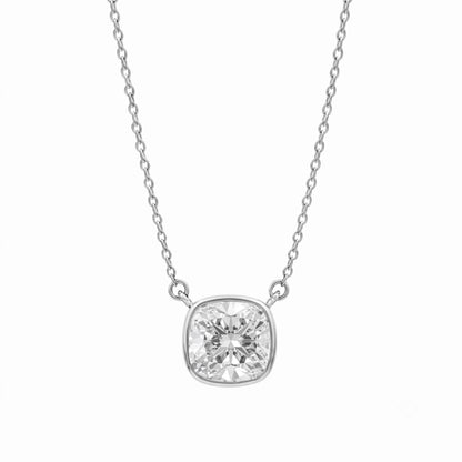 Lab-Grown Diamond Cushion Solitaire Bezel Pendant Necklace in 14K White Gold or 14K Yellow Gold