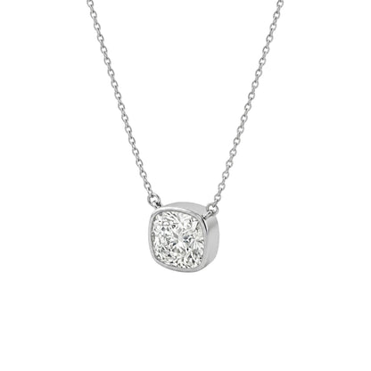 Lab-Grown Diamond Cushion Solitaire Bezel Pendant Necklace in 14K White Gold or 14K Yellow Gold