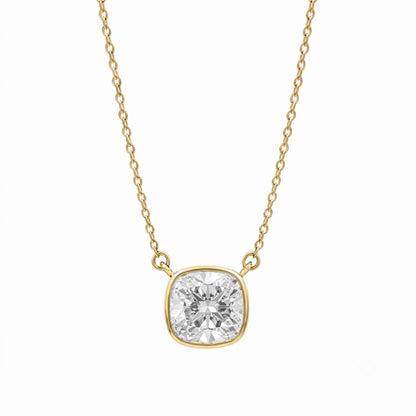 Lab-Grown Diamond Cushion Solitaire Bezel Pendant Necklace in 14K White Gold or 14K Yellow Gold