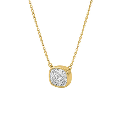 Lab-Grown Diamond Cushion Solitaire Bezel Pendant Necklace in 14K White Gold or 14K Yellow Gold