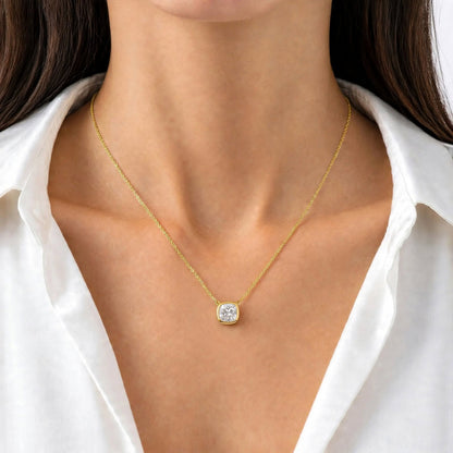 Lab-Grown Diamond Cushion Solitaire Bezel Pendant Necklace in 14K White Gold or 14K Yellow Gold