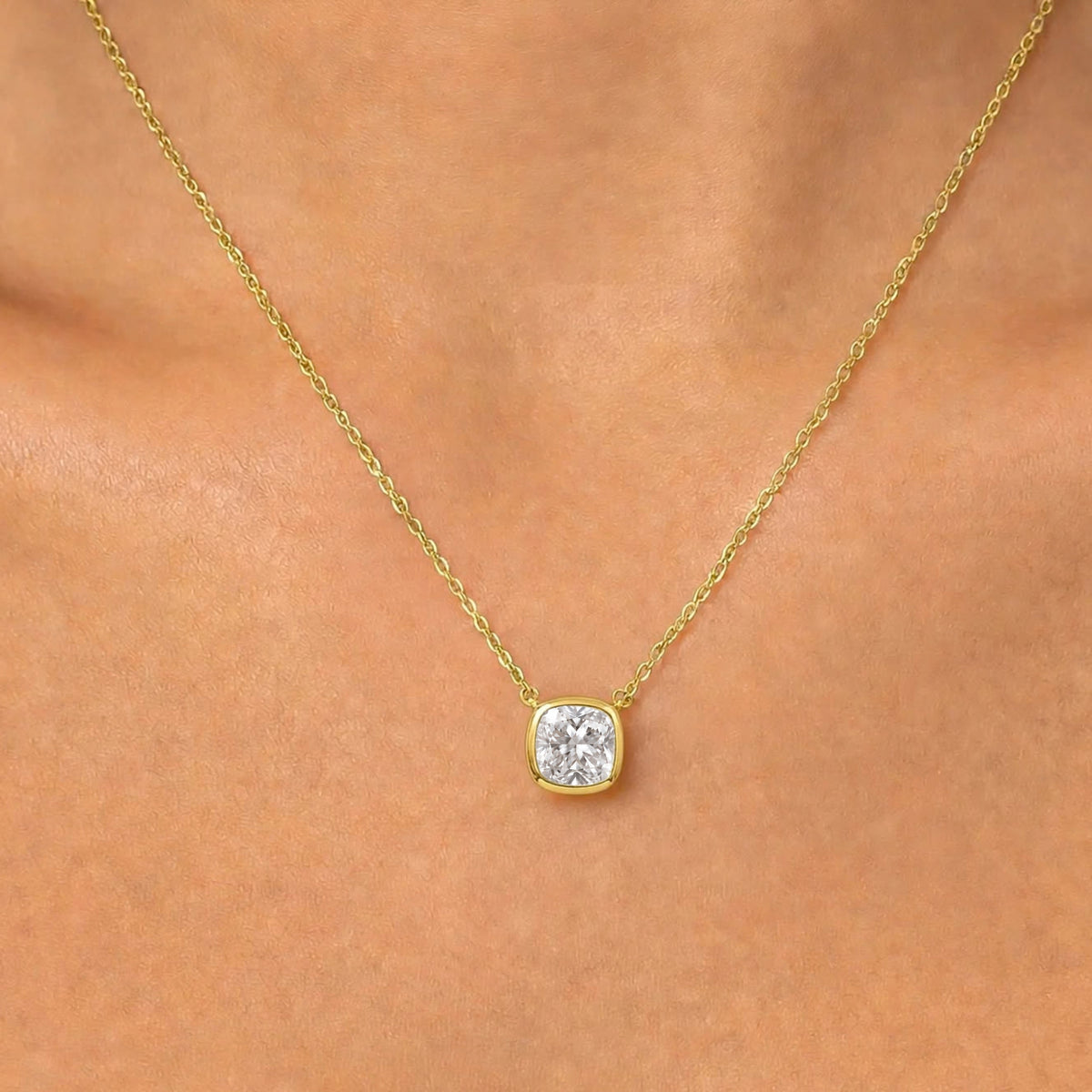 Lab-Grown Diamond Cushion Solitaire Bezel Pendant Necklace in 14K White Gold or 14K Yellow Gold