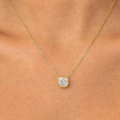 Lab-Grown Diamond Cushion Solitaire Bezel Pendant Necklace in 14K White Gold or 14K Yellow Gold