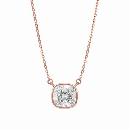 Lab-Grown Diamond Cushion Solitaire Bezel Pendant Necklace in 14K White Gold or 14K Yellow Gold