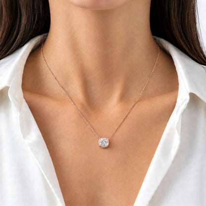 Lab-Grown Diamond Cushion Solitaire Bezel Pendant Necklace in 14K White Gold or 14K Yellow Gold
