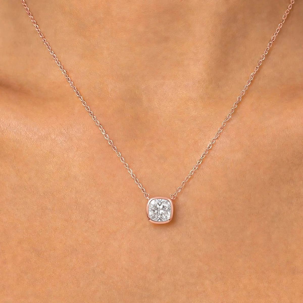 Lab-Grown Diamond Cushion Solitaire Bezel Pendant Necklace in 14K White Gold or 14K Yellow Gold