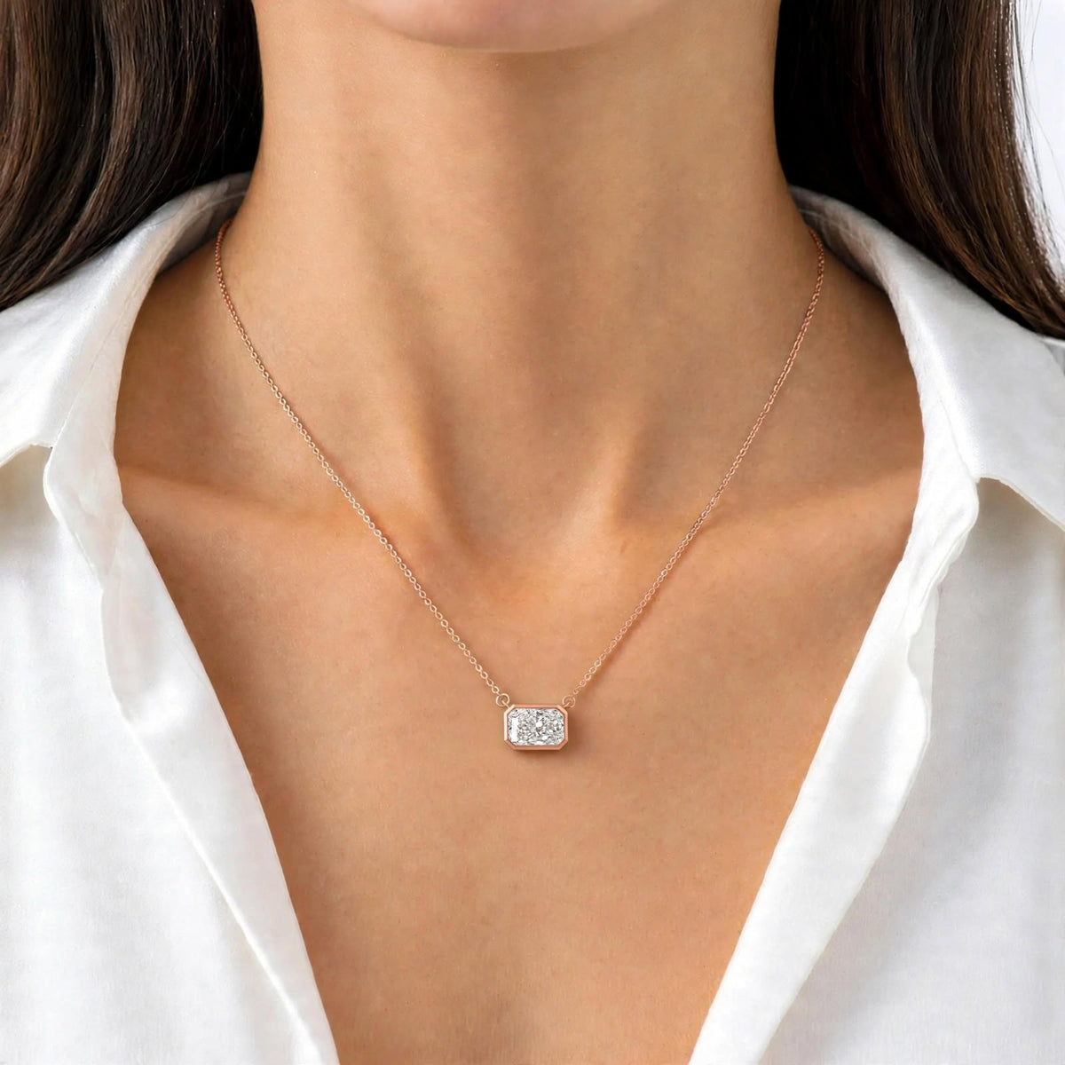 Lab-Grown Diamond Radiant Solitaire Bezel Pendant Necklace in 14K White Gold or 14K Yellow Gold