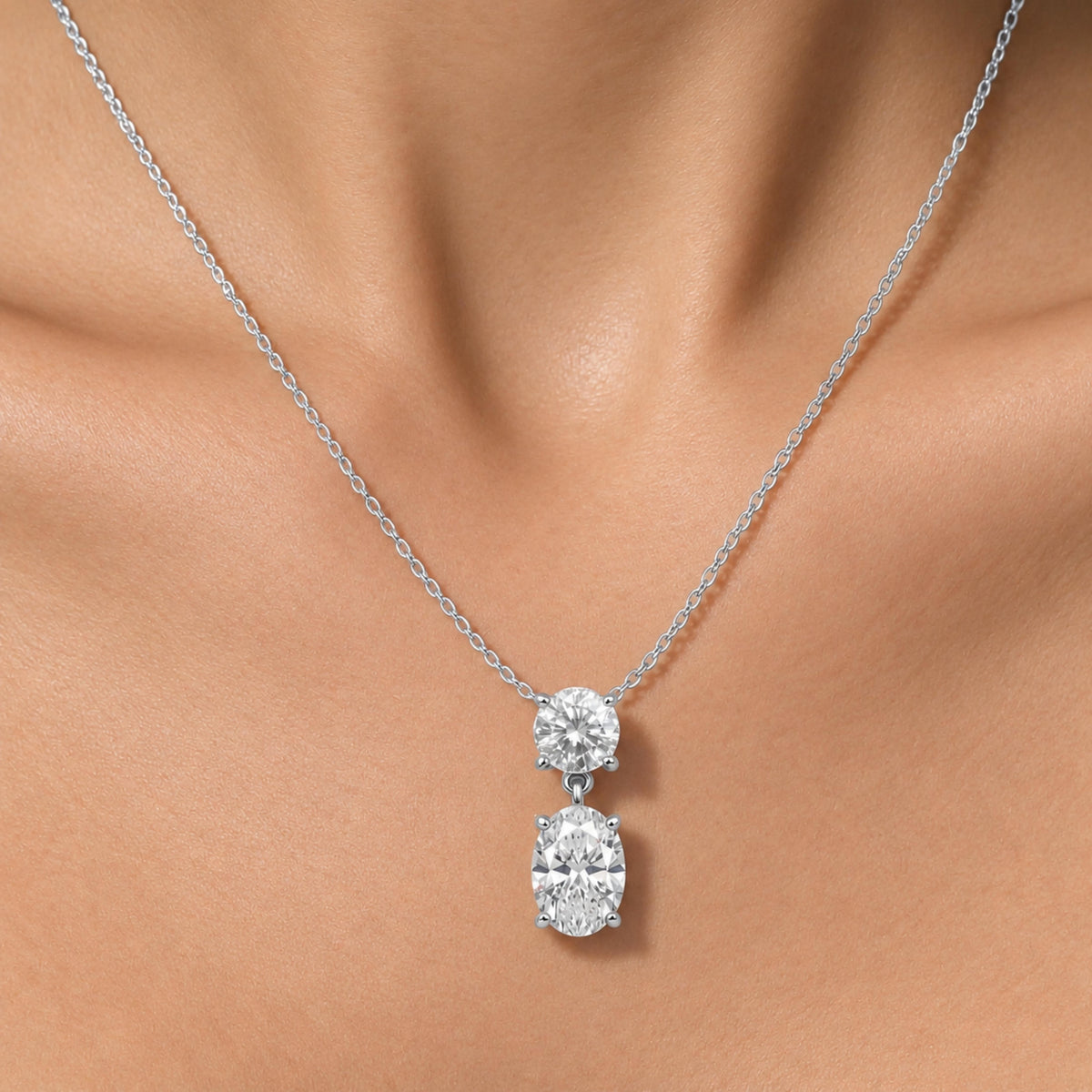 Lab-Grown Diamond Round-Oval 2 Stone Pendant in 14K White Gold or 14K Yellow Gold