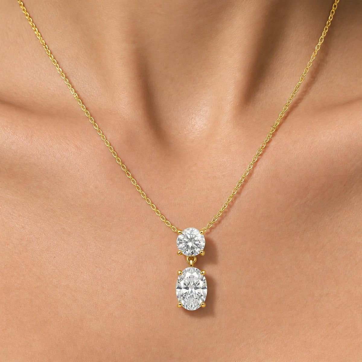 Lab-Grown Diamond Round-Oval 2 Stone Pendant in 14K White Gold or 14K Yellow Gold