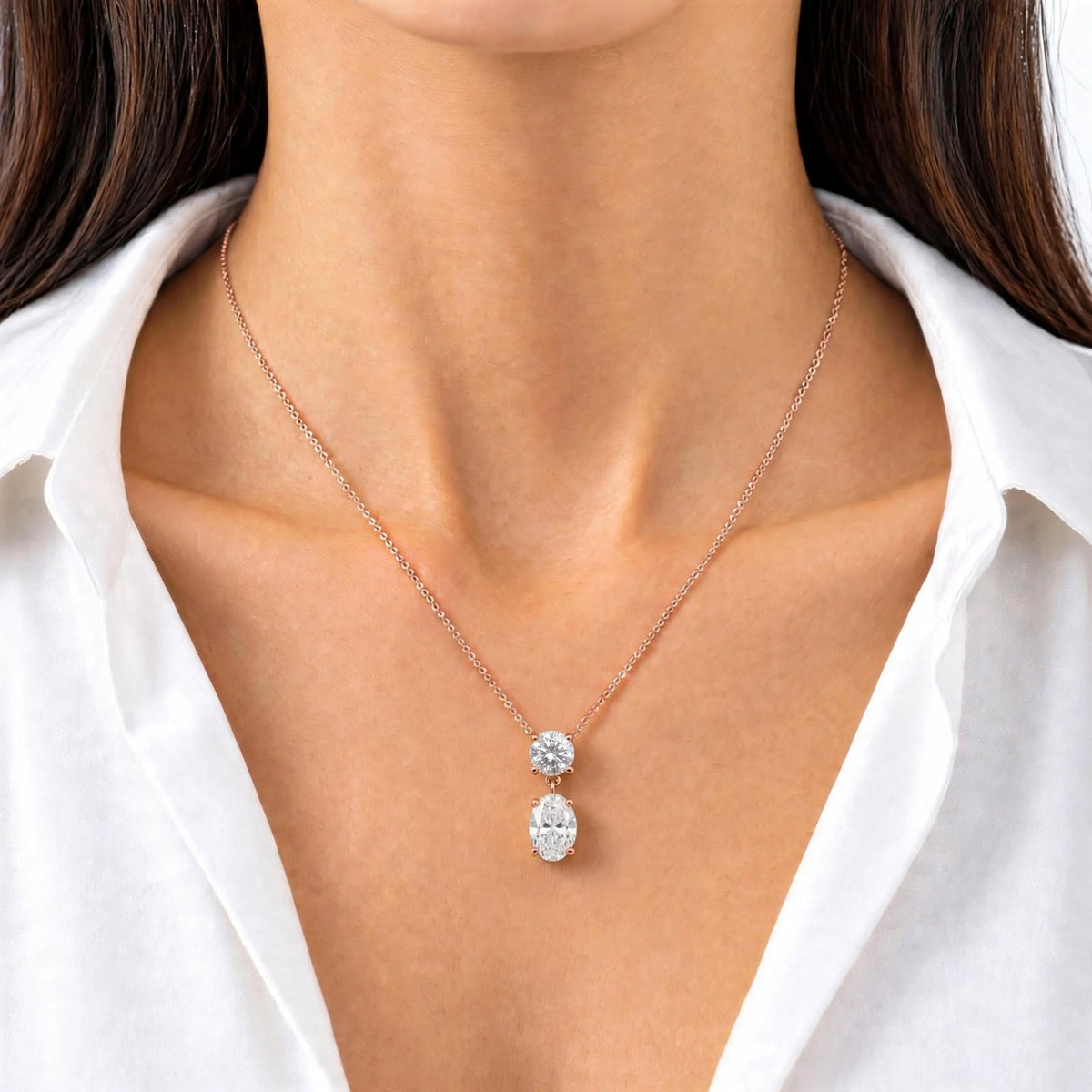 Lab-Grown Diamond Round-Oval 2 Stone Pendant in 14K White Gold or 14K Yellow Gold