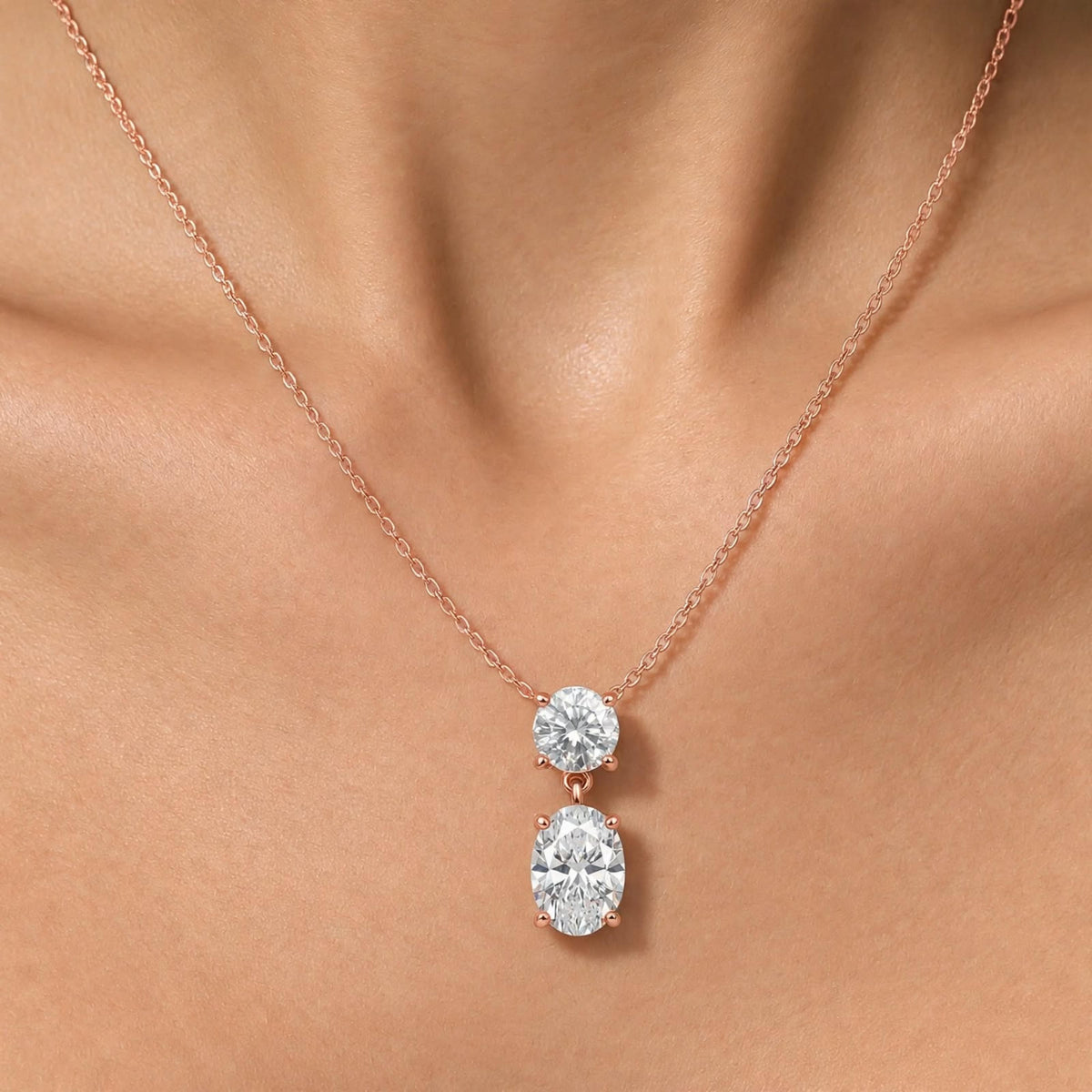 Lab-Grown Diamond Round-Oval 2 Stone Pendant in 14K White Gold or 14K Yellow Gold