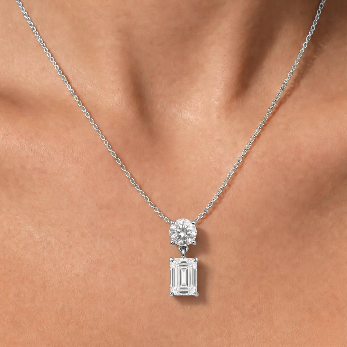 Lab-Grown Diamond Round & Emerald-Cut 2 Stone Pendant in 14K White Gold or 14K Yellow Gold