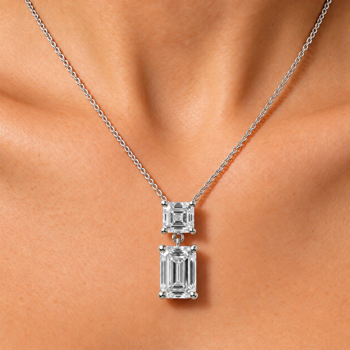 Lab-Grown Diamond Round-Asscher 2 Stone Pendant in 14K White Gold or 14K Yellow Gold