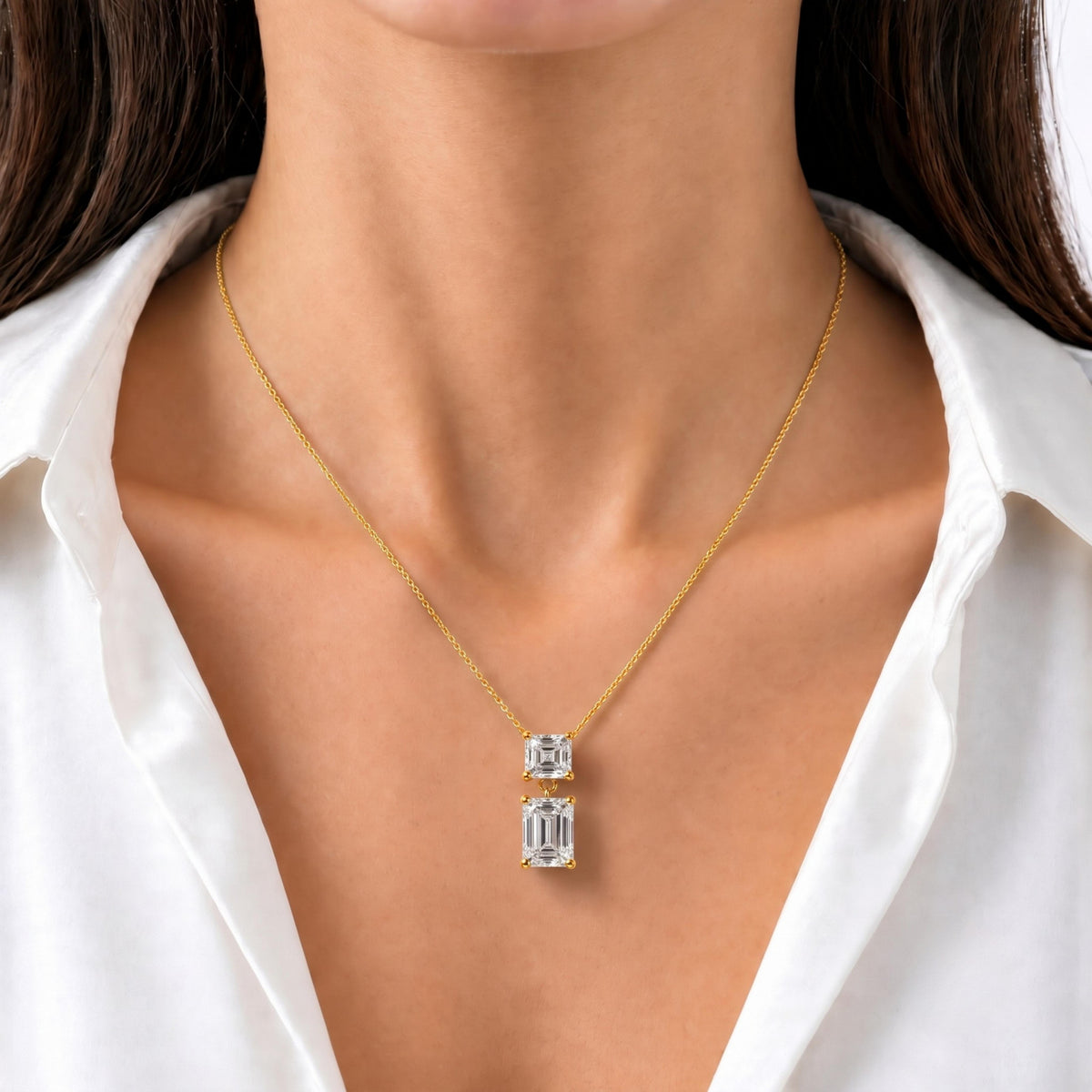 Lab-Grown Diamond Round-Asscher 2 Stone Pendant in 14K White Gold or 14K Yellow Gold