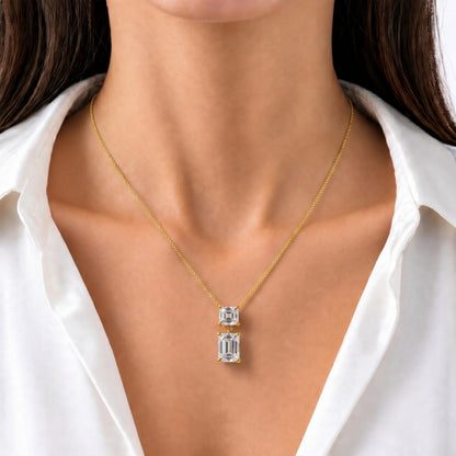 Lab-Grown Diamond Round-Asscher 2 Stone Pendant in 14K White Gold or 14K Yellow Gold