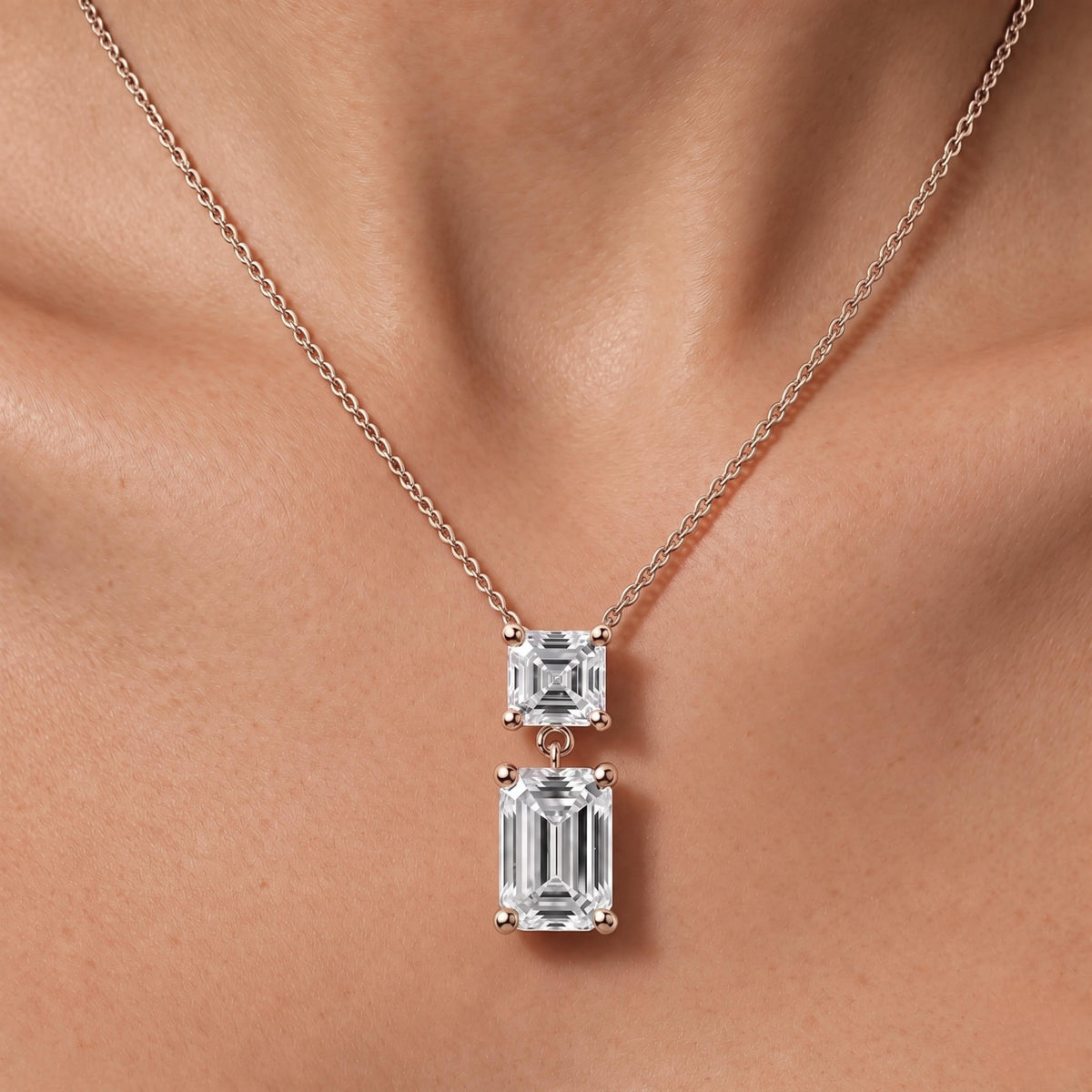 Lab-Grown Diamond Round-Asscher 2 Stone Pendant in 14K White Gold or 14K Yellow Gold