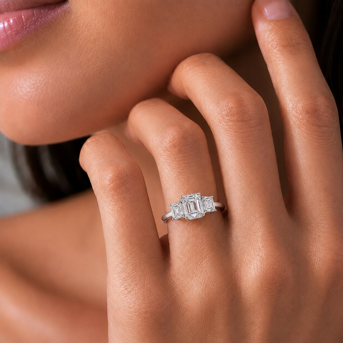 Lab-Grown Diamond Emerald-Cut Three-Stone Engagement Ring in 14K White Gold or 14K Yellow Gold