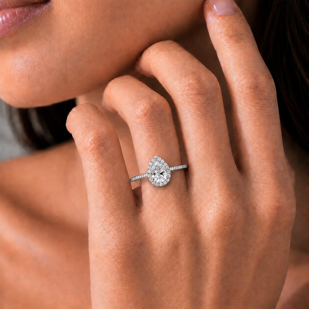 Lab-Grown Diamond Pear Halo Engagement Ring in 14K White Gold or 14K Yellow Gold
