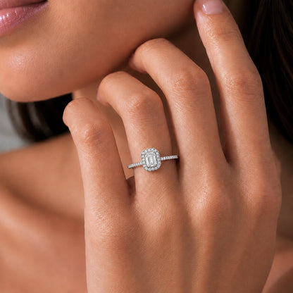 Lab-Grown Diamond Emerald-Cut Halo Engagement Ring in 14K White Gold or 14K Yellow Gold