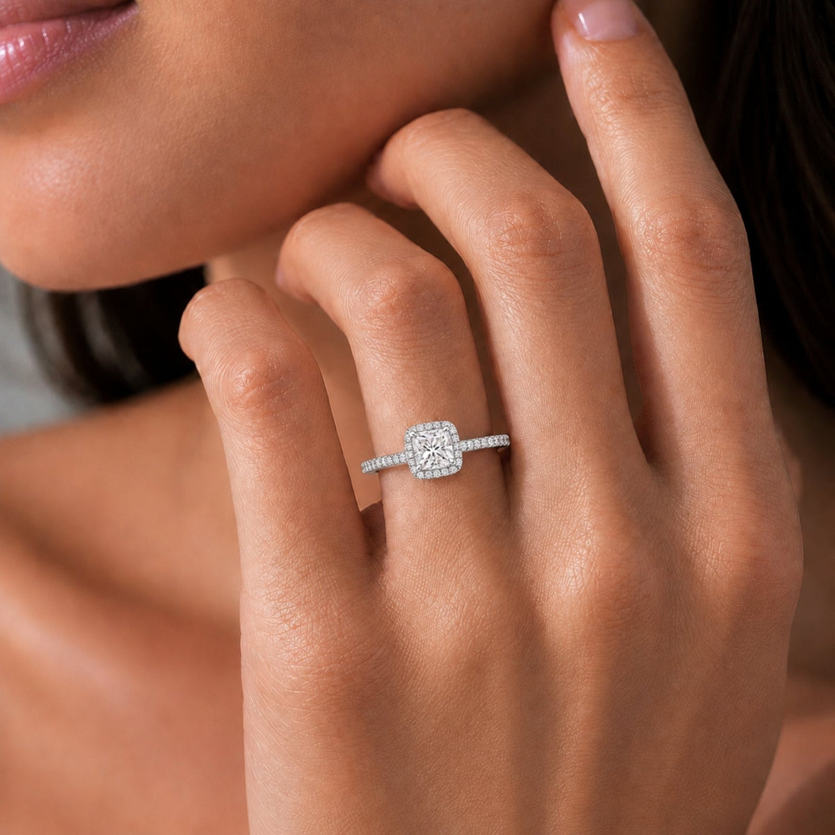 Lab-Grown Diamond Cushion Halo Engagement Ring in 14K White Gold or 14K Yellow Gold