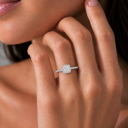 Lab-Grown Diamond Cushion Halo Engagement Ring in 14K White Gold or 14K Yellow Gold