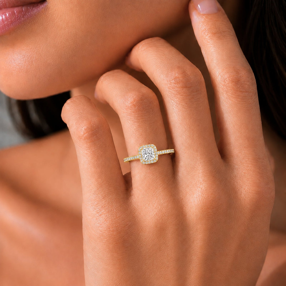 Lab-Grown Diamond Cushion Halo Engagement Ring in 14K White Gold or 14K Yellow Gold