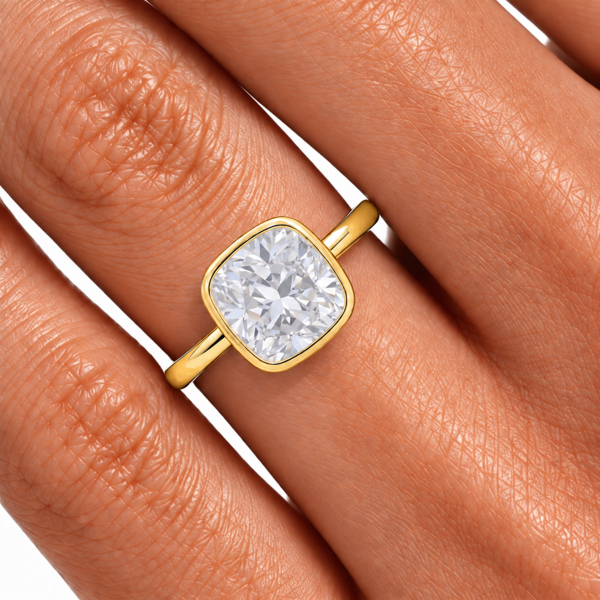 Lab-Grown Diamond Cushion Cut Solitaire Bezel Engagement Ring in 14K White Gold or 14K Yellow Gold