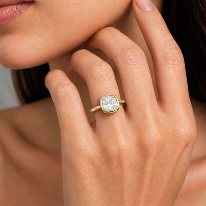 Lab-Grown Diamond Cushion Cut Solitaire Bezel Engagement Ring in 14K White Gold or 14K Yellow Gold