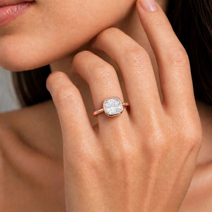Lab-Grown Diamond Cushion Cut Solitaire Bezel Engagement Ring in 14K White Gold or 14K Yellow Gold