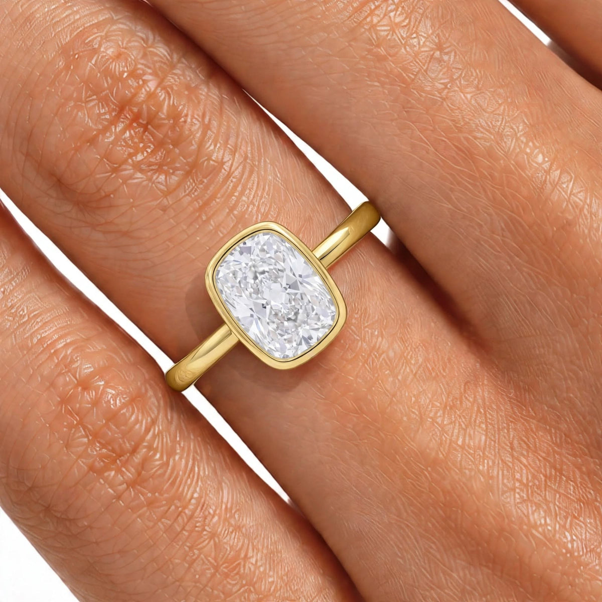 Lab-Grown Diamond Long Cushion Cut Solitaire Bezel Engagement Ring in 14K White Gold or 14K Yellow Gold