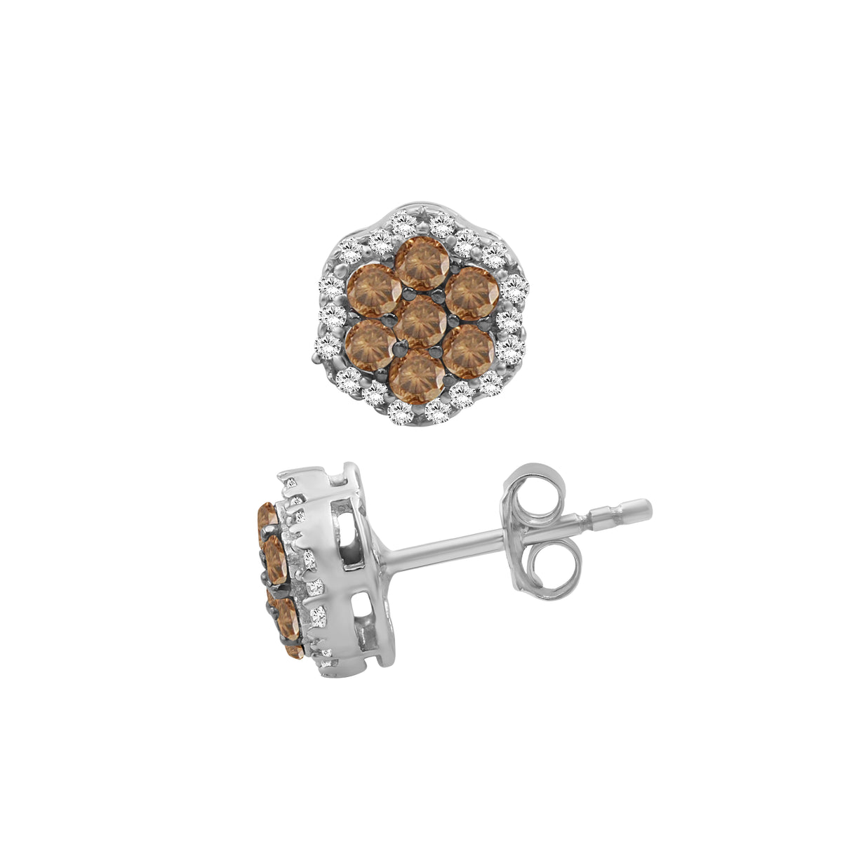 1/2 ctw Champagne and White Diamond Cluster Earrings in Sterling Silver