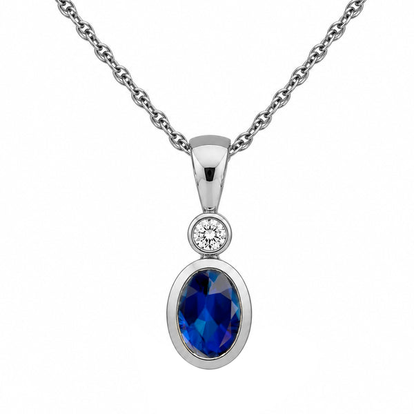 7x5 Oval Gemstone and Created White Sapphire Sterling Silver Pendant (8R Rope Chain)