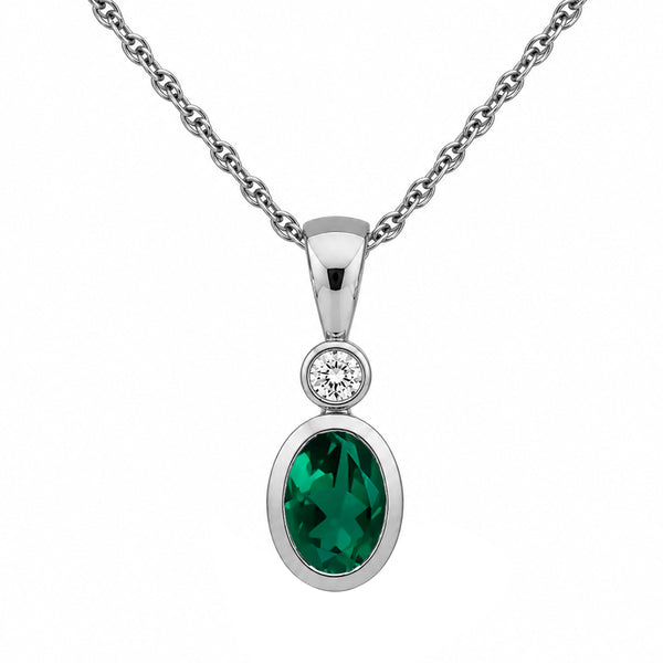 7x5 Oval Gemstone and Created White Sapphire Sterling Silver Pendant (8R Rope Chain)