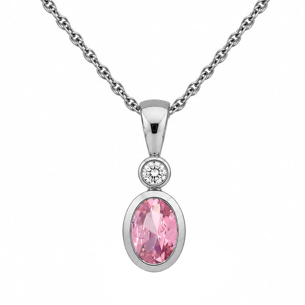 7x5 Oval Gemstone and Created White Sapphire Sterling Silver Pendant (8R Rope Chain)
