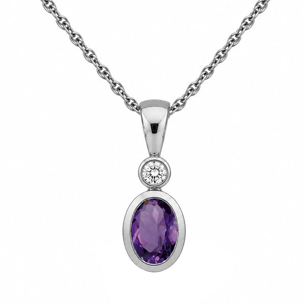 7x5 Oval Gemstone and Created White Sapphire Sterling Silver Pendant (8R Rope Chain)