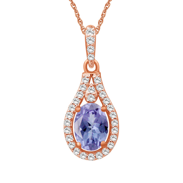 Tanzanite and 1/6 Carat T.W White Diamond 14K Rose Gold Over Silver Pendant (8R Rope Chain)