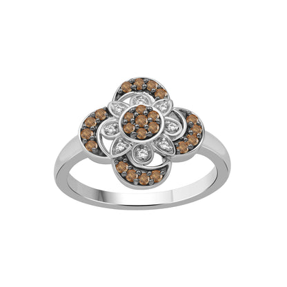 1/4 ctw Champagne and White Diamond Clover Ring in Sterling Silver