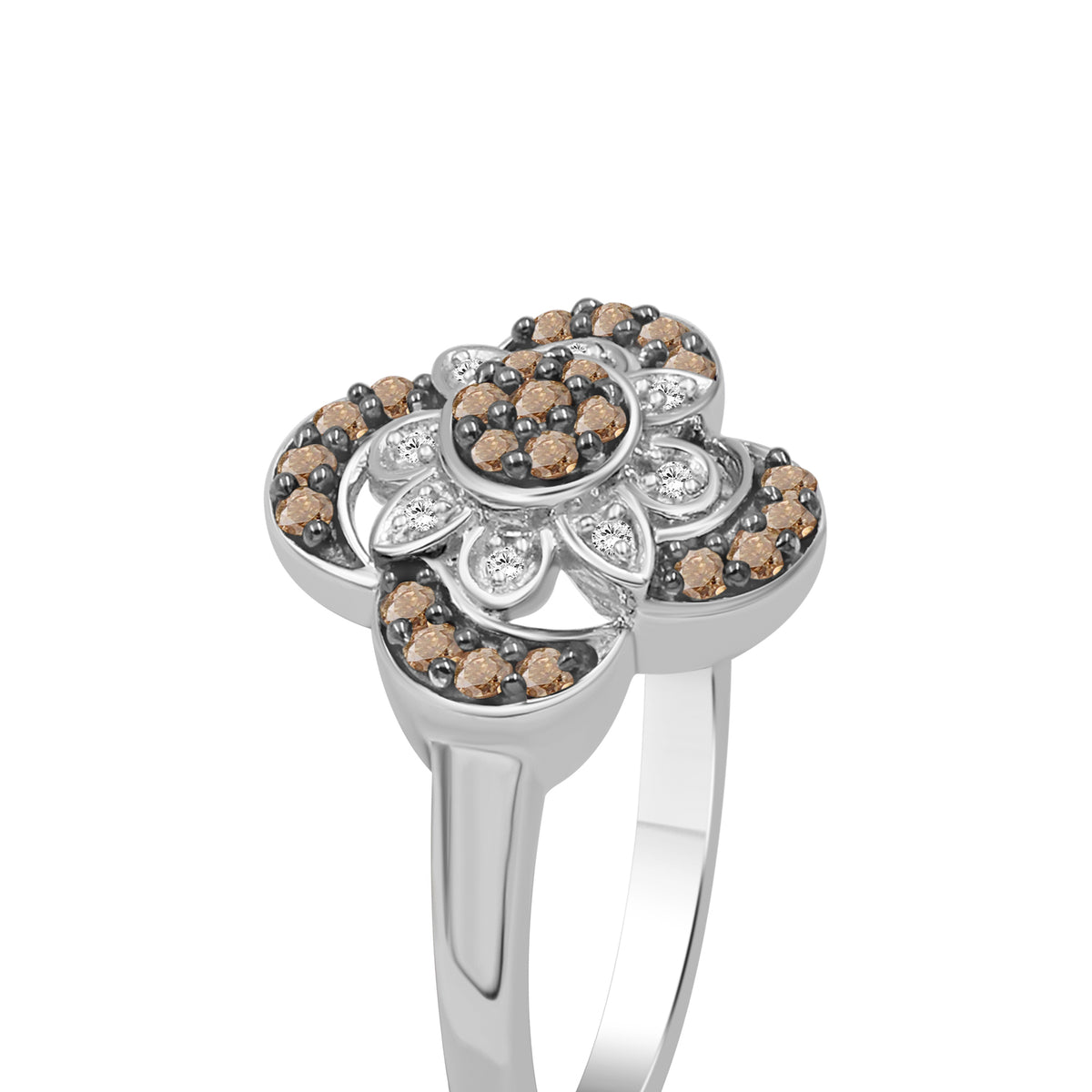 1/4 ctw Champagne and White Diamond Clover Ring in Sterling Silver