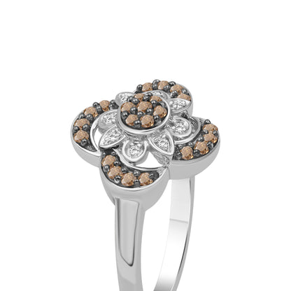 1/4 ctw Champagne and White Diamond Clover Ring in Sterling Silver