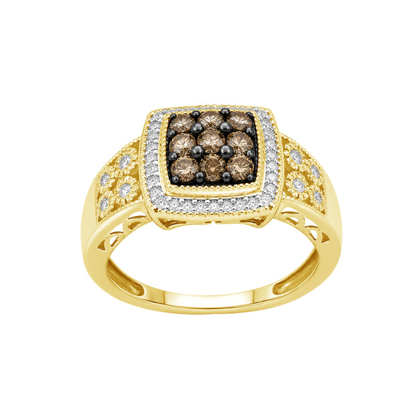 1/2 Carat T.W. Champagne and White Diamond 14K Gold Over Silver Ring