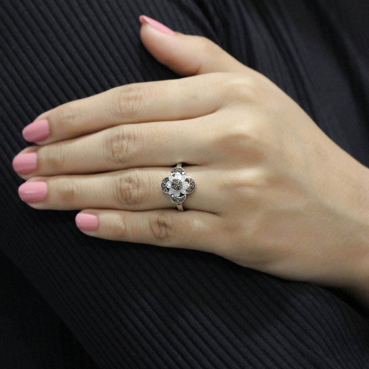 1/4 ctw Champagne and White Diamond Clover Ring in Sterling Silver